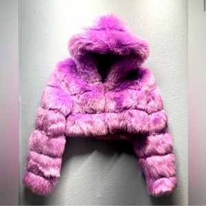 Purple cropped faux fur jacket